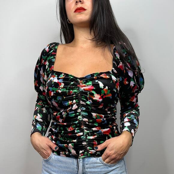 Open Edit Black Velvet Ruched Sweetheart Puff Sleeve Blouse - Picture 1 of 8